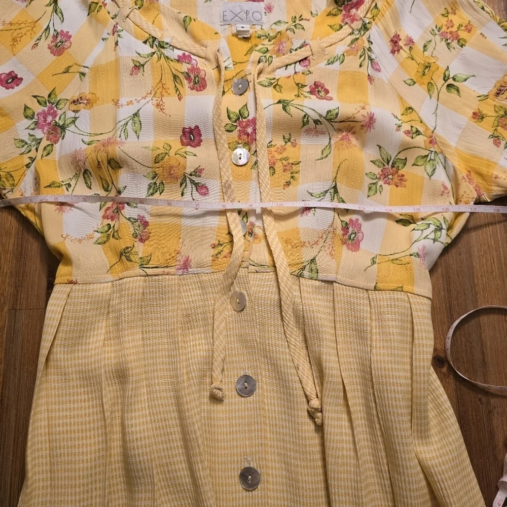 VTG Expo Mixed Print Midi Dress Yellow Gingham Floral Cottagecore Button Front 8